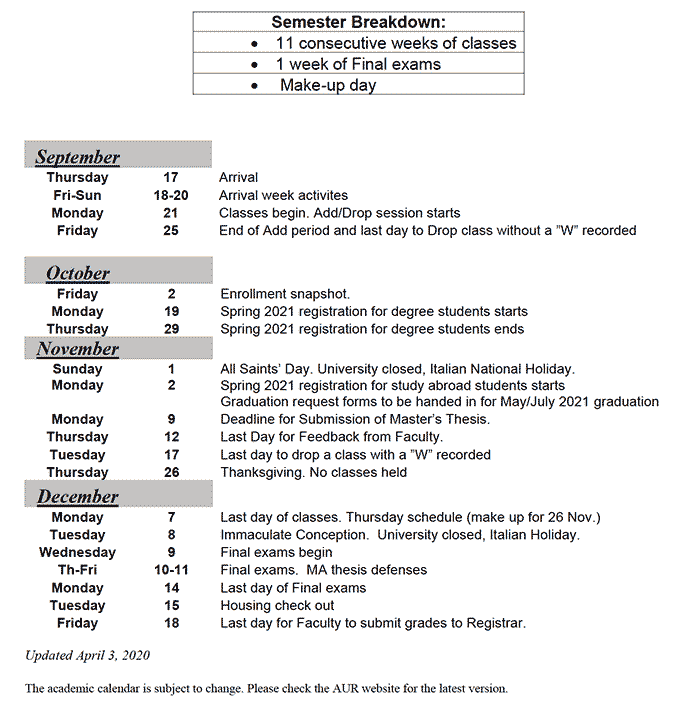 A New Academic Calendar For Fall 2020 At Aur | The American University Of Rome